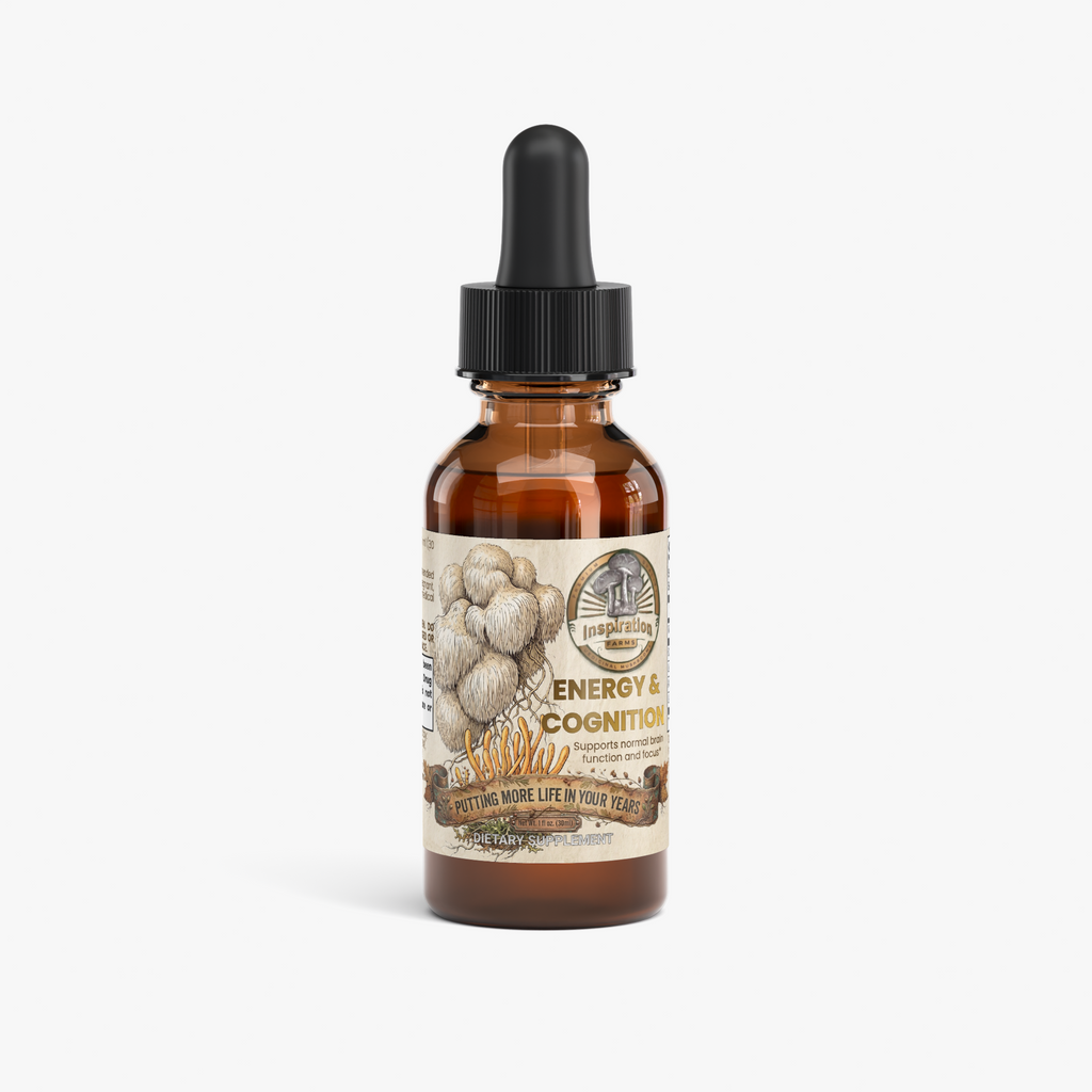 An amber glass dropper bottle with a black cap and a beige label featuring illustrations of mushrooms and the text 'Energy & Cognition' and 'Putting more Life in Your Years!'.