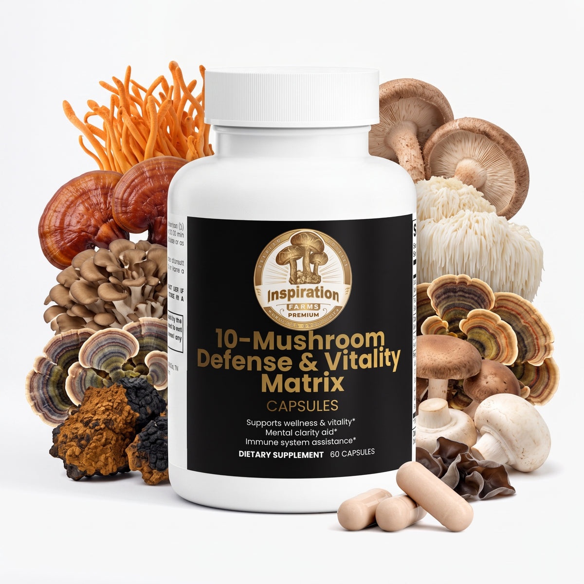 Inspiration Farms Mushroom Complex 10X Capsules – 10 Mushroom Blend | 60 Capsules