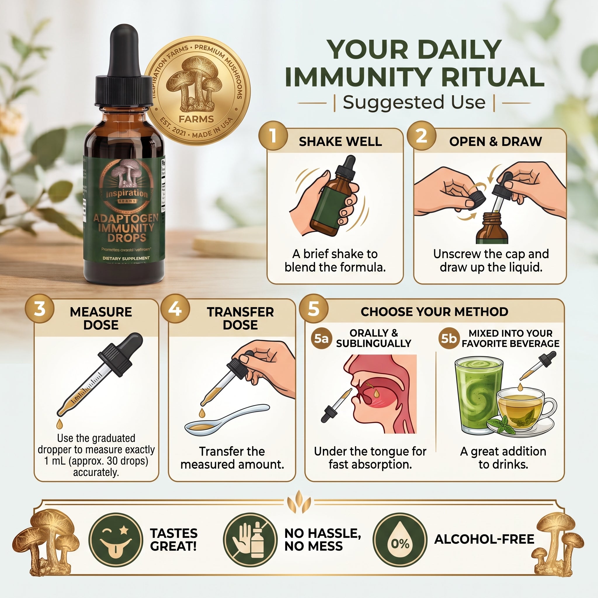 Inspiration Farms Mushroom Adaptogen Immunity Drops – Alcohol-Free Glycerite | 1 fl oz