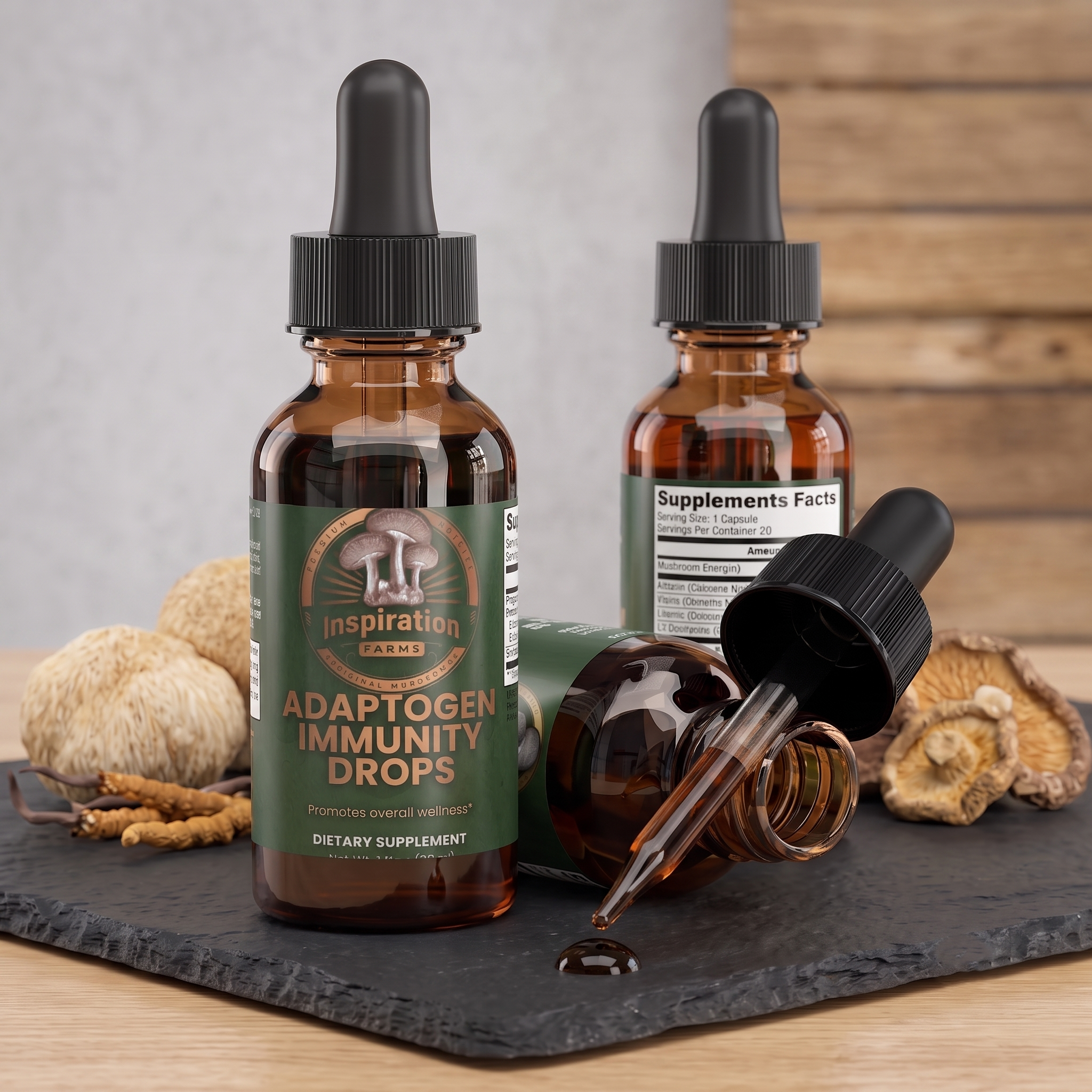 Inspiration Farms Mushroom Adaptogen Immunity Drops – Alcohol-Free Glycerite | 1 fl oz