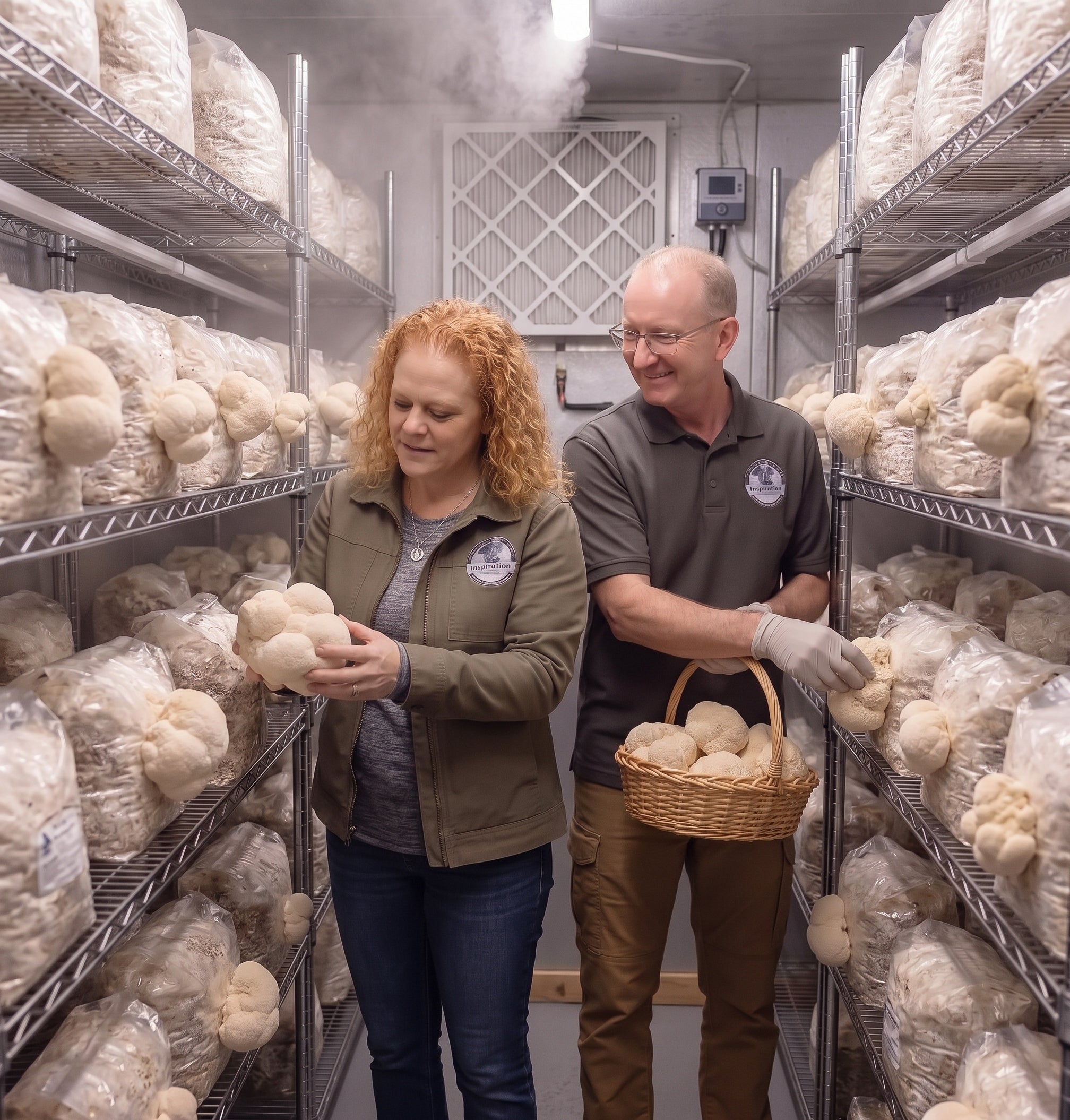 Two people harvesting mushrooms between shelves in a mushroom growing room